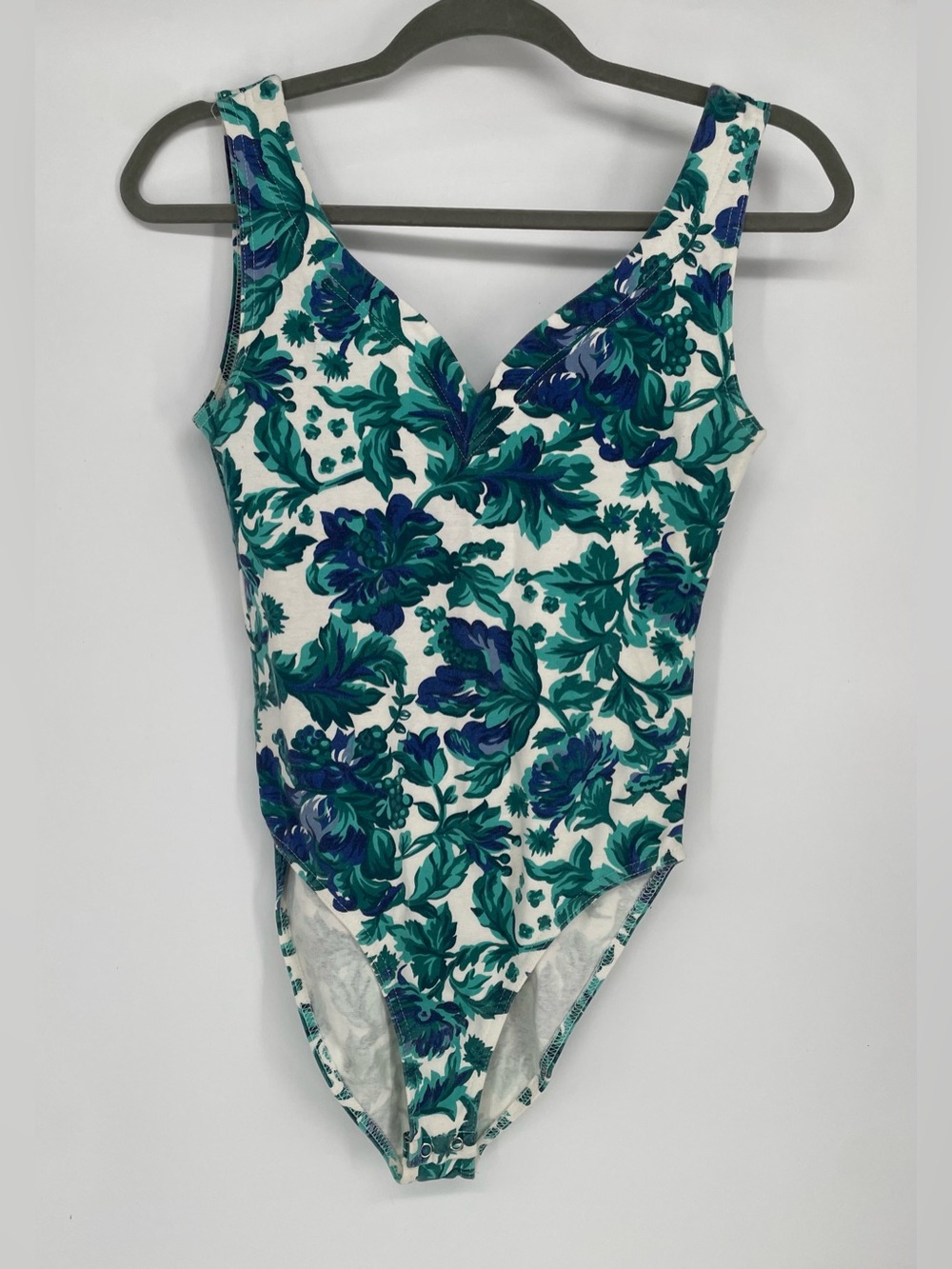 80s 90s VTG Bodysuit Green Blue & White Floral Print W/ Snapping Bottom